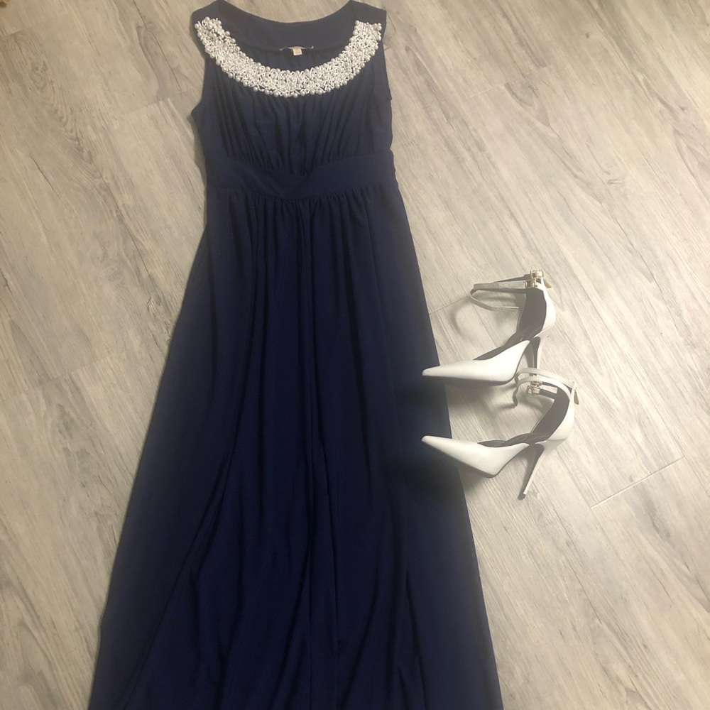 Pearl embellished Navy blue formal maxi dress Petite Small